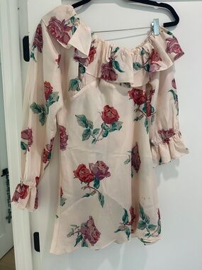 Stone Cold Fox Cream Floral Off-Shoulder Midi Dress with Pink Roses